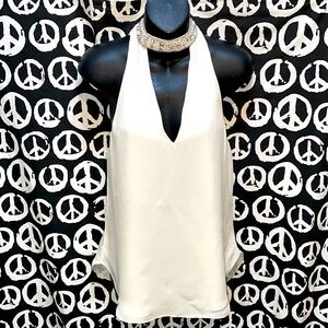 100% SILK HH HAUTE HIPPIE JEWELED-NECK CREAM CHIFFON SLEEVELESS TANK SZ S